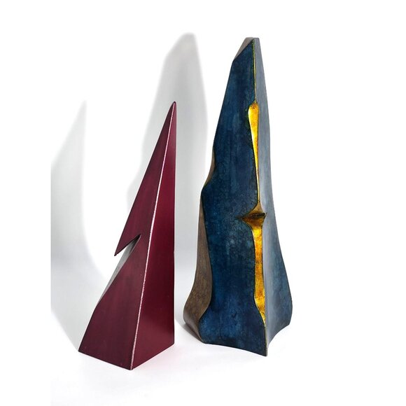 Modern Abstract Metal Sculptures Red & Blue Gold Accents Pair Signed By Burke - Picture 2 of 12